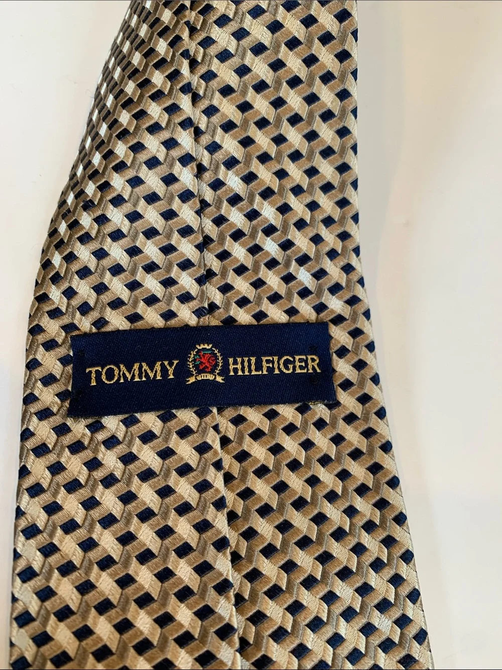 Tommy Hilfiger Tan and Navy Blue Men's Patterned 100% Silk Tie Necktie